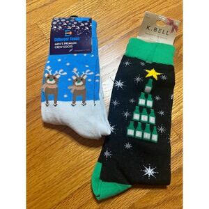 2 pair Mens Christmas Socks Crew Socks Holiday Socks Reindeer Beer Tree